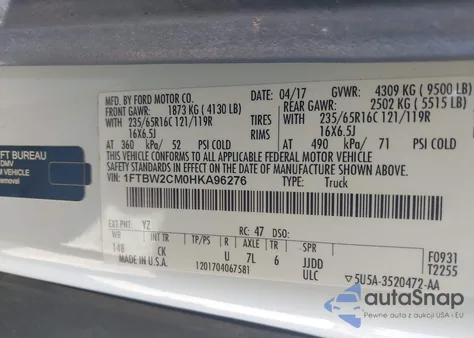 2017 Ford Transit-350 из США, поврежденный, VIN 1FTBW2CM0HKA96276